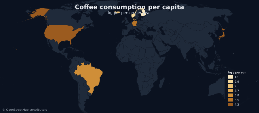 A world choropleth of coffee consumption per capita, built by an AI assistant through the maproll MCP server
