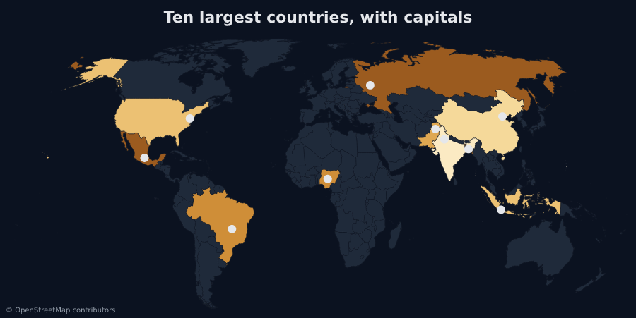 The ten largest countries by population, shaded by size, with a marker on each capital city