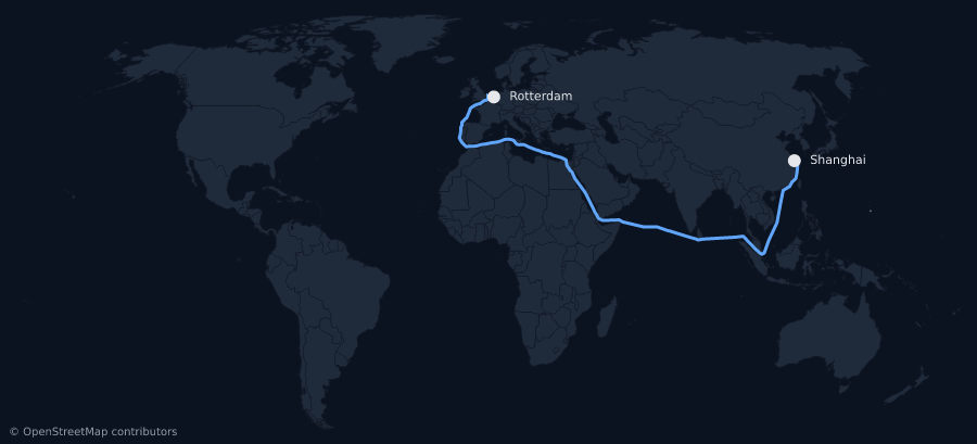 A sea route from Shanghai to Rotterdam through the Suez Canal on a dark world map