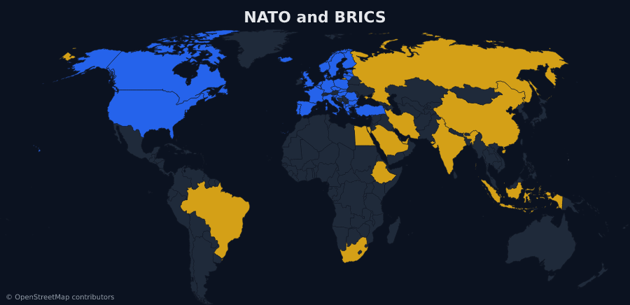 NATO and BRICS member countries in two colours on a dark world map