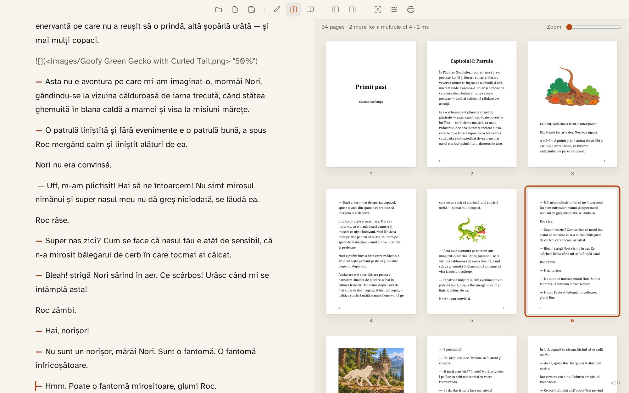 Wit with the manuscript of an illustrated children's book on the left and its typeset pages on the right