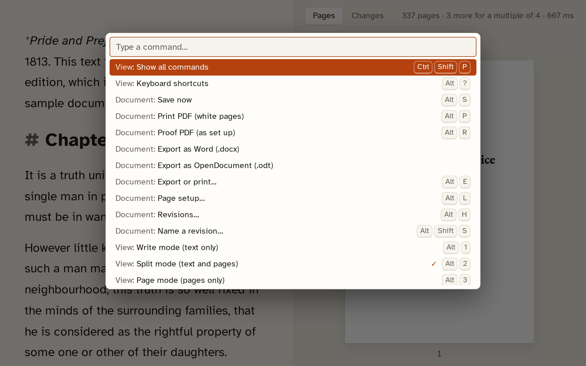 The command palette open over a manuscript, listing commands with their shortcuts