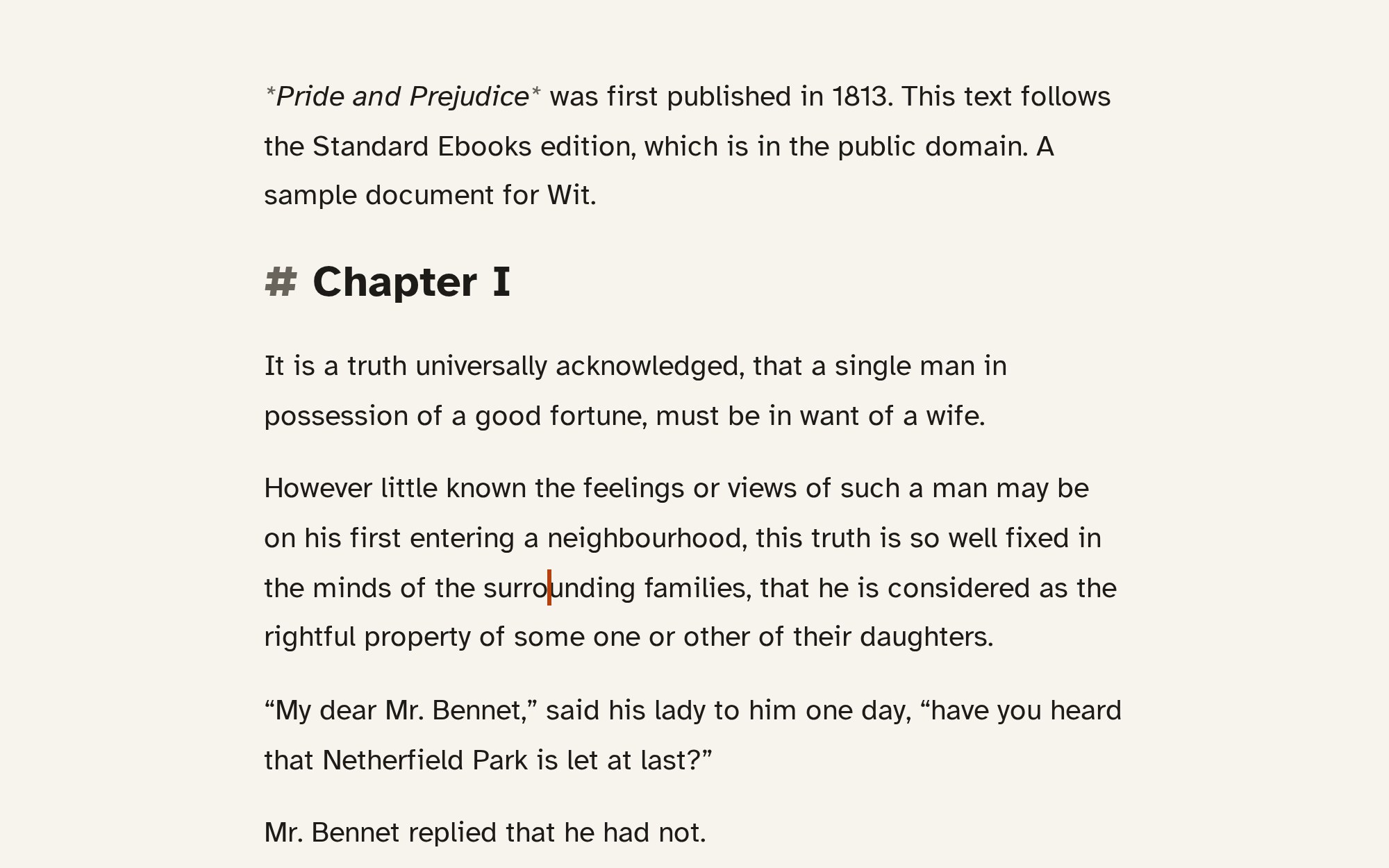 Wit in Write mode: a chapter as plain text, with nothing else on the screen
