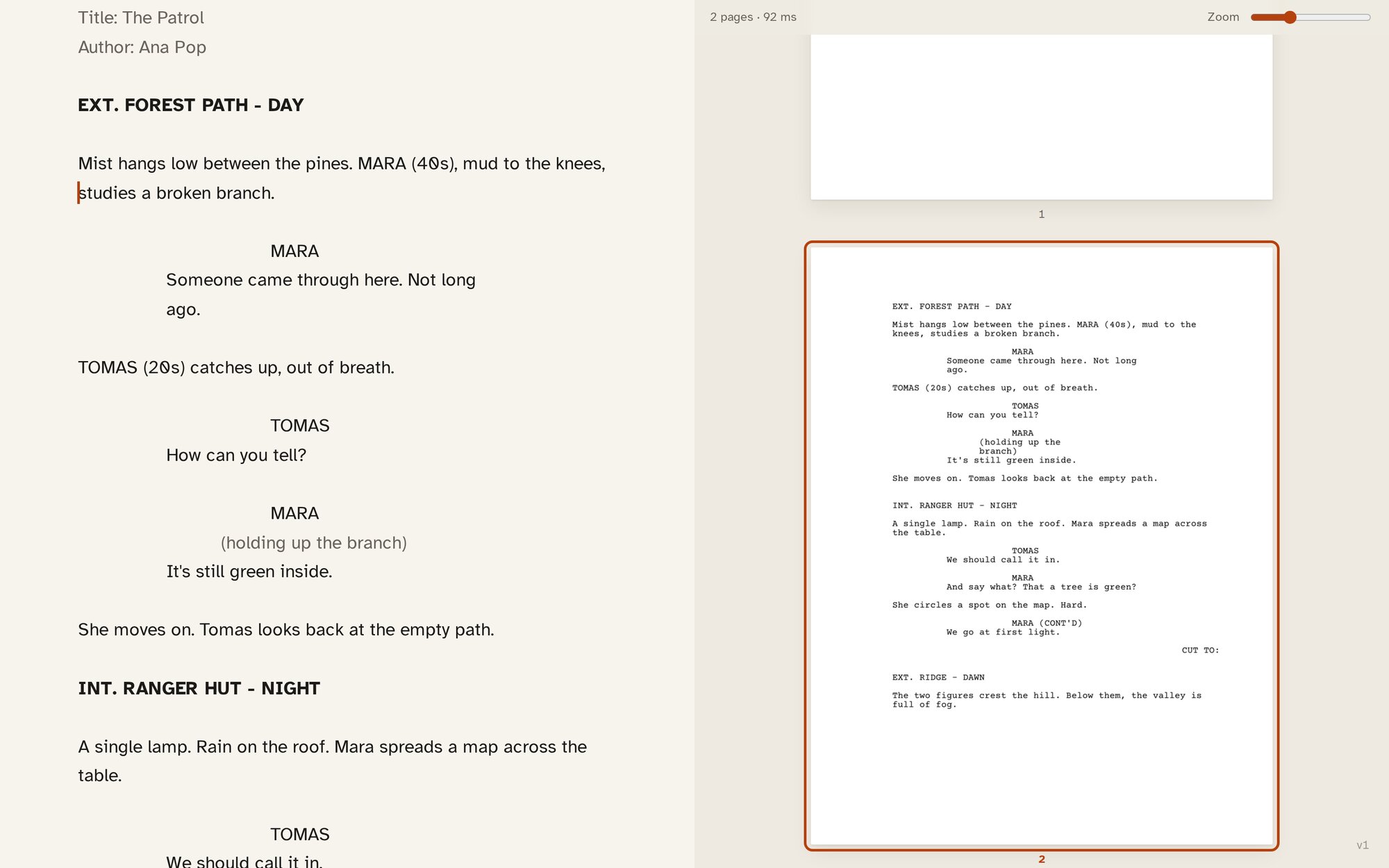 A screenplay in Wit, written as plain text and laid out in industry format