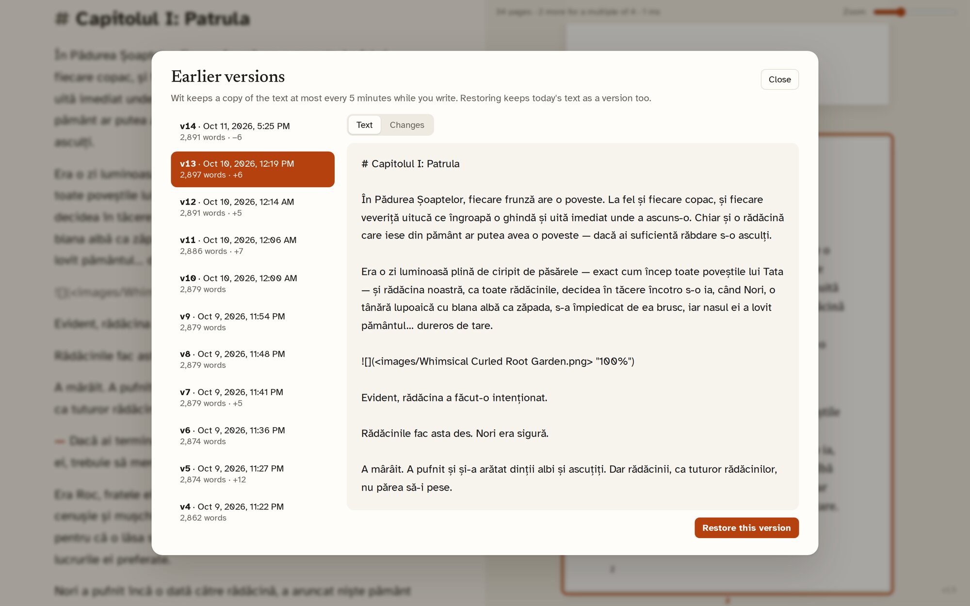 Wit's earlier versions window, with a list of saved versions and a restore button