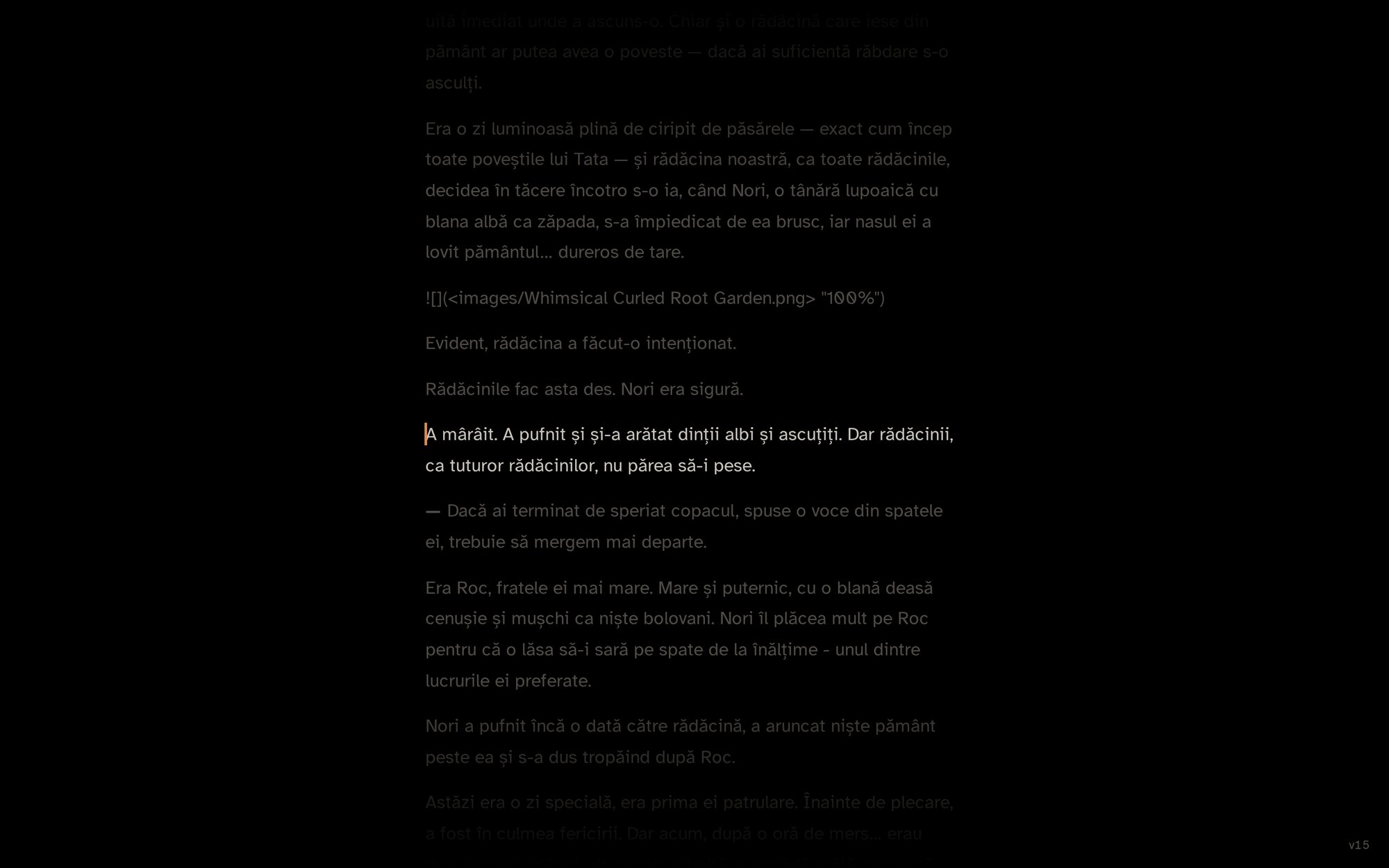 Wit in focus mode with the true-black theme, only the current paragraph lit