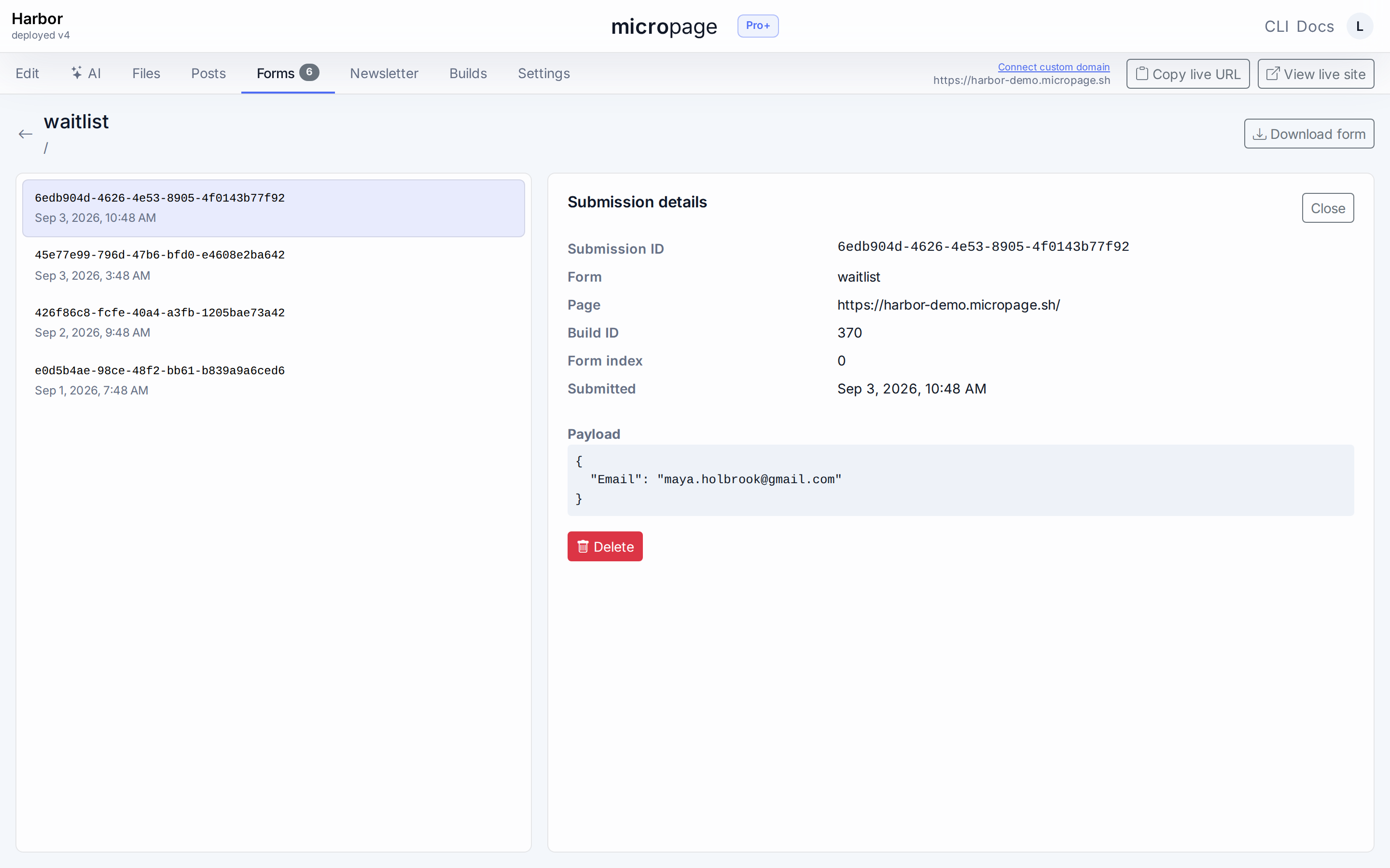 Form submissions dashboard in Micropage