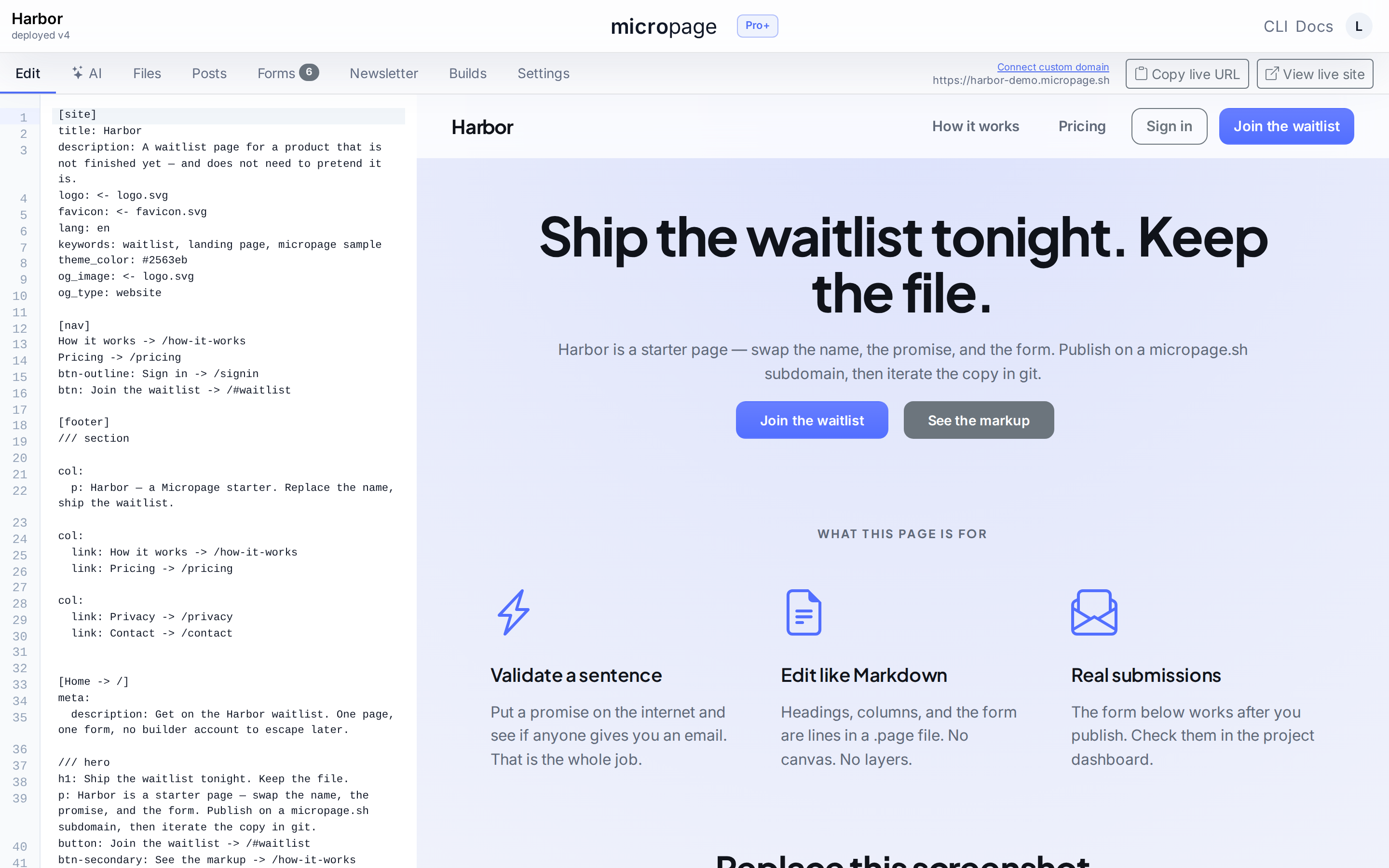Micropage editor source pane and live preview